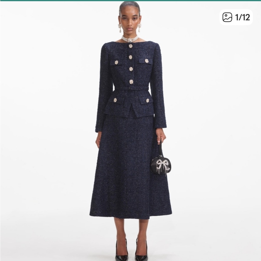 Self-Portrait Navy Metallic Boucle Midi Dress